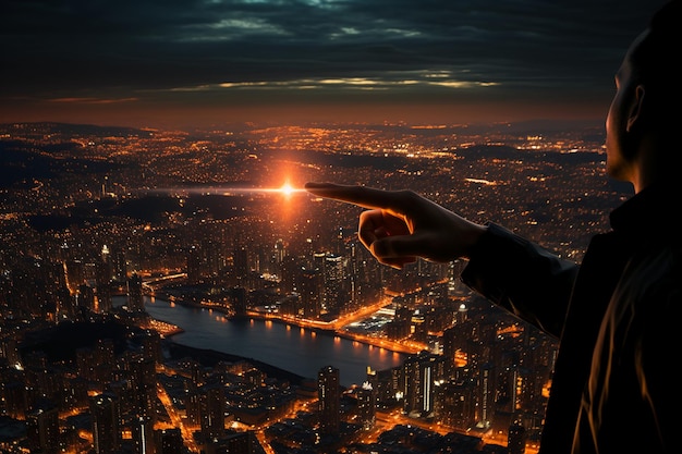 Photo un doigt qui s'étend naturellement et pointe vers un bouton virtuel dans l'air