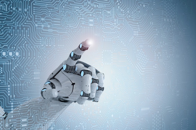 Doigt de robot de rendu 3D pointant sur fond de carte de circuit imprimé