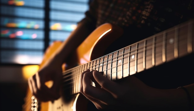 Les doigts du guitariste pincent les cordes enflammant la foule générée par l'IA