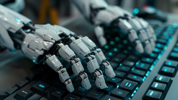 Les doigts du robot naviguent sur le clavier, illustrant la fusion de l'intelligence humaine et machine.