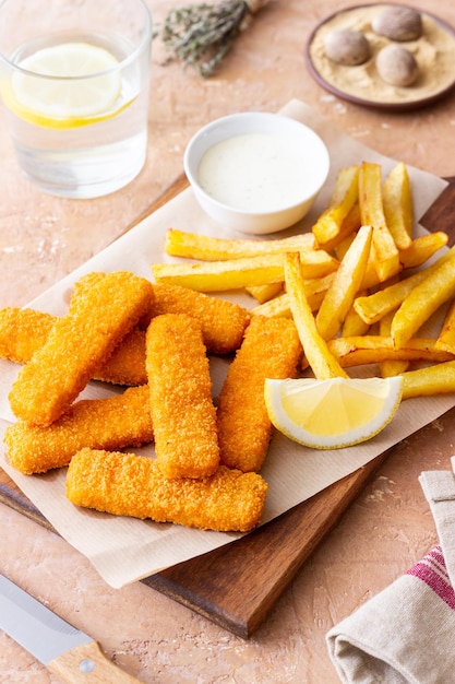 Doigts de poisson avec frites et sauce blanche Nourriture de mer Poisson et frites