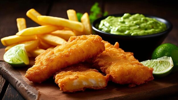 Des doigts de poisson, de la purée de pois et des frites, un fast-food britannique traditionnel.