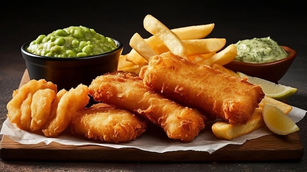 Des doigts de poisson, de la purée de pois et des frites, un fast-food britannique traditionnel.