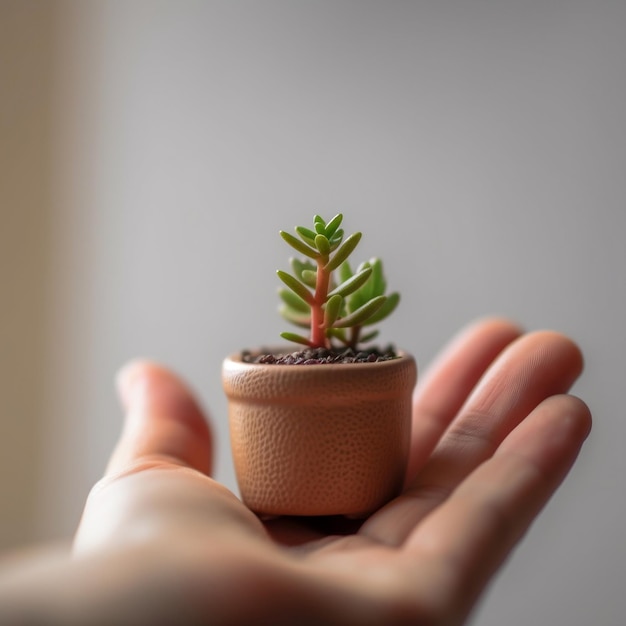 Doigts tenant une mini plante à fleurs en pot sur fond blanc IA générative