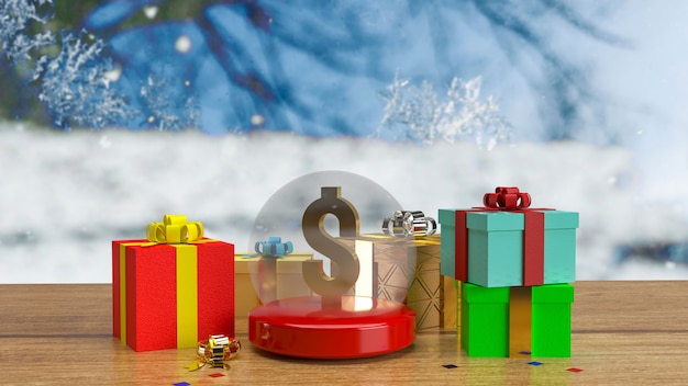 Le dollar d'or dans la boule de cristal de noël et la boîte-cadeau pour le rendu 3d du concept d'entreprise ou de vacances
