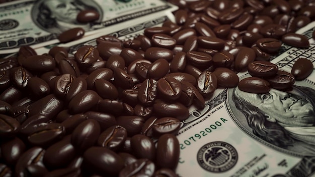 Des dollars américains recouverts de grains de café en gros plan