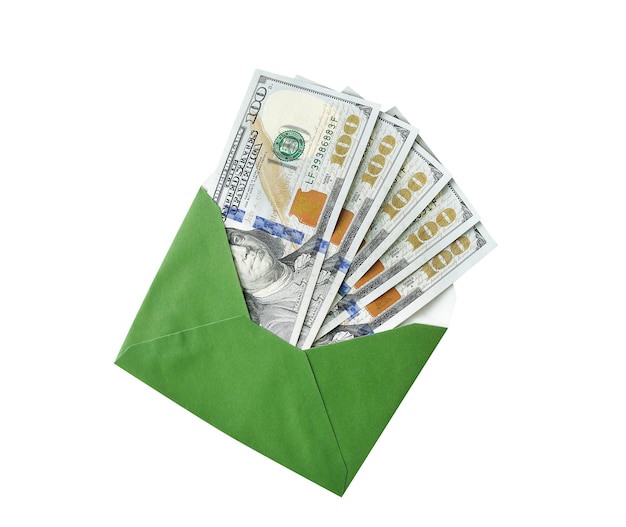 Dollars dans une enveloppe sur fond blanc