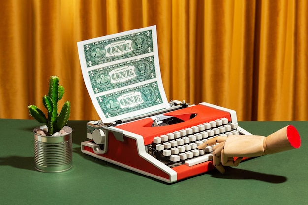 Dollars étant tapé dans la machine à écrire rétro concept d'impression d'argent à la main en bois artificiel