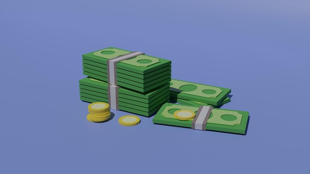 Dollars avec pièces 3d illustration sur fond bleu