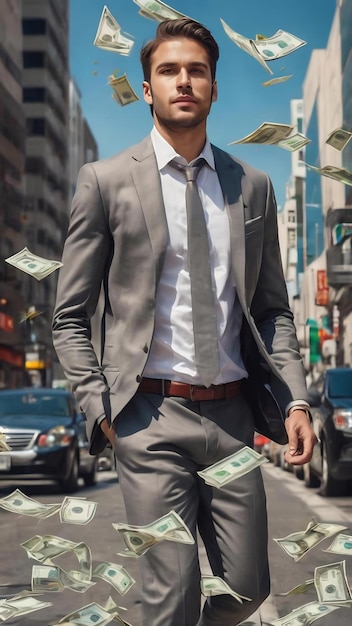 Des dollars volent autour d'un jeune homme d'affaires beau pendant qu'il marche dans la rue
