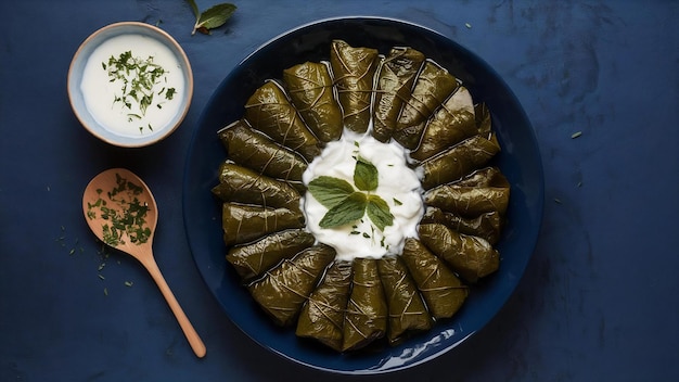 Dolma azerbaïdjanais enroulé en feuilles de raisin garni de yogourt et de feuilles de menthe séchées