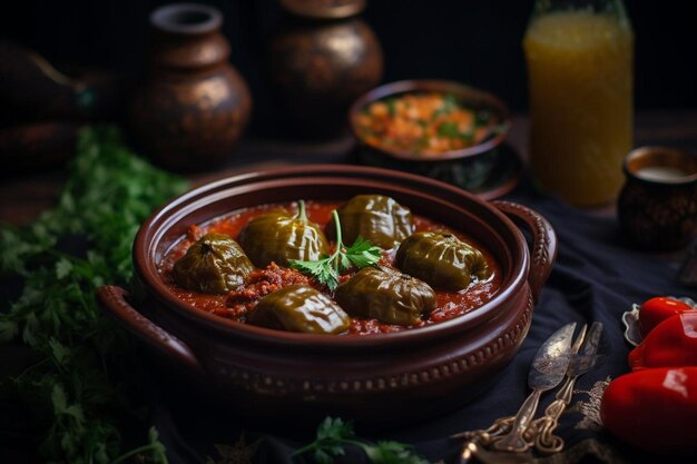 Dolma à base de tomate d'aubergine et de poivre avec de la viande farcie