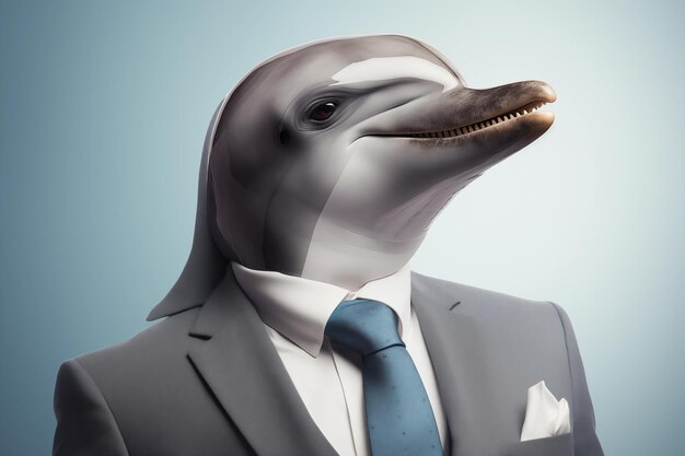 Dolphin en costume et cravate sur un fond bleu Concept d'animaux anthropomorphes