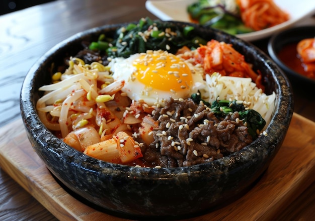 Dolsot bibimbap coréen avec du kimchi à l'œuf et du bœuf dans un bol de pierre chaud