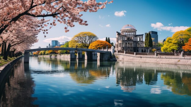 Photo le dôme de la bombe atomique d'hiroshima brille dans le parc commémoratif de la paix