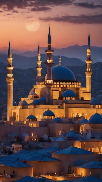 Le dôme de la mosquée au crépuscule le soir avec le croissant de lune et l'étoile