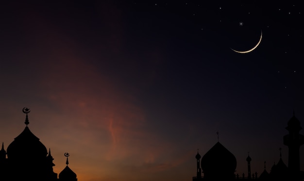 Dôme de mosquées de silhouette sur le ciel de crépuscule le soir et le croissant de lune pour la religion islamique de symbole