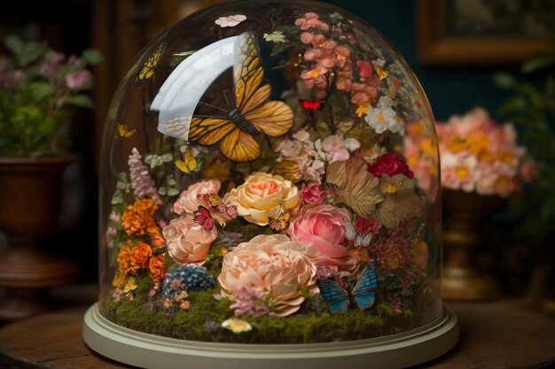 Photo un dôme en verre avec un bouquet de fleurs et un papillon.