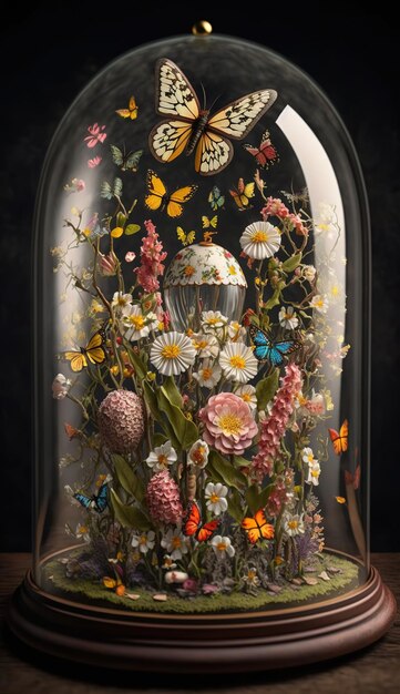 Un dôme de verre avec des fleurs et des papillons dessus.