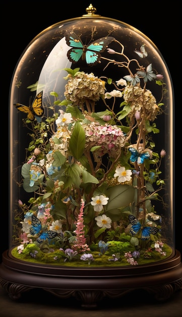 Un dôme de verre avec des fleurs et des papillons à l'intérieur.