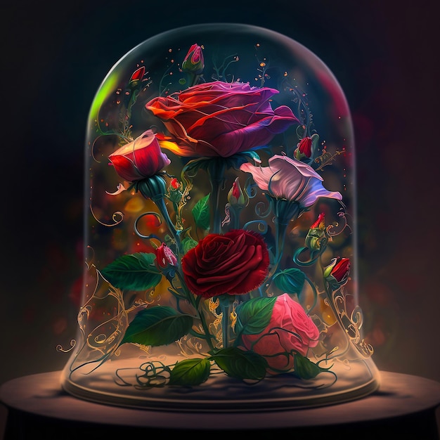 Un dôme de verre avec des roses et des papillons en dessous.