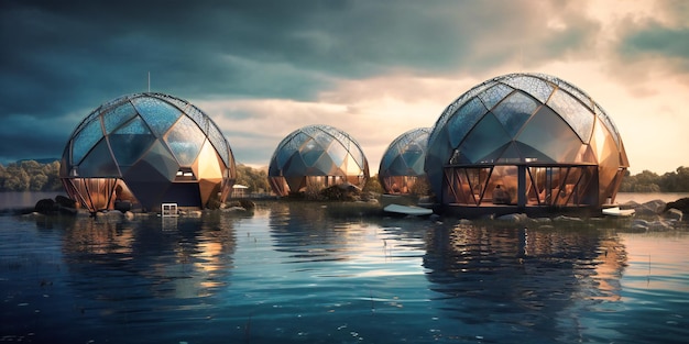 Dômes futuristes pour logement sur un lac