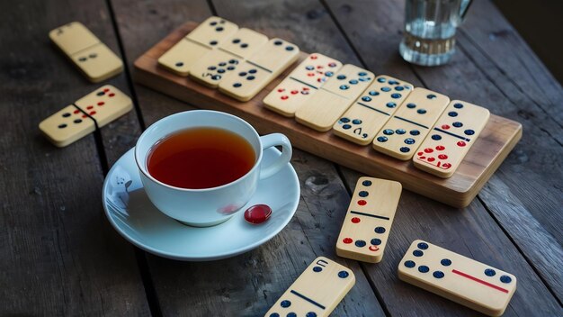 Photo des dominos de fête sur une tasse de thé chaud