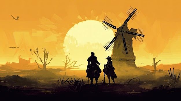 Photo don quixote et sancho panza une illustration colorée du roman espagnol classique avec moulin à vent