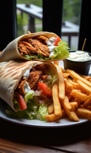 Photo donateur de poulet au lavash avec frites en fond de studio