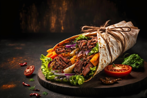 Donateur de shawarma de cuisine arabe traditionnelle avec de la viande et des légumes