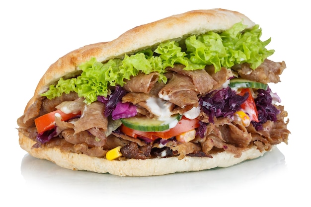 Doner Kebab Doner Kebap restauration rapide en pain plat isolé sur fond blanc