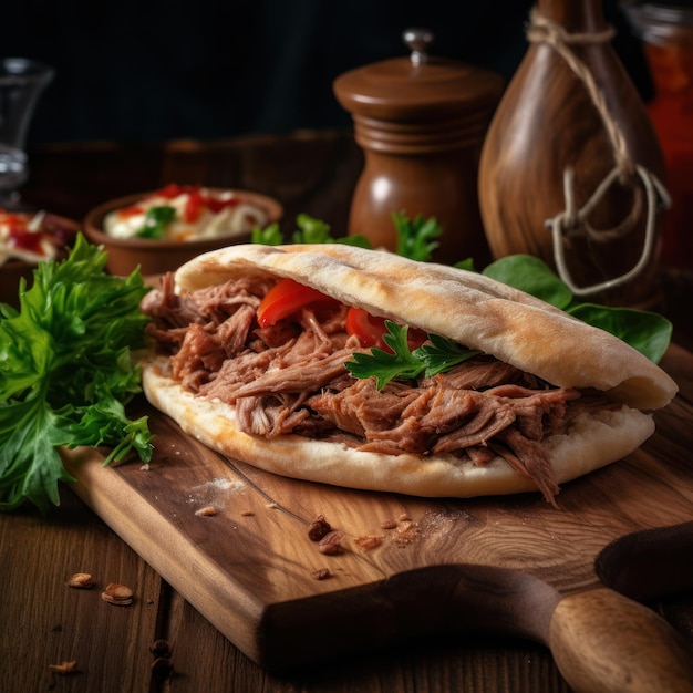 Doner de viande dans du pain pita sur une planche de bois