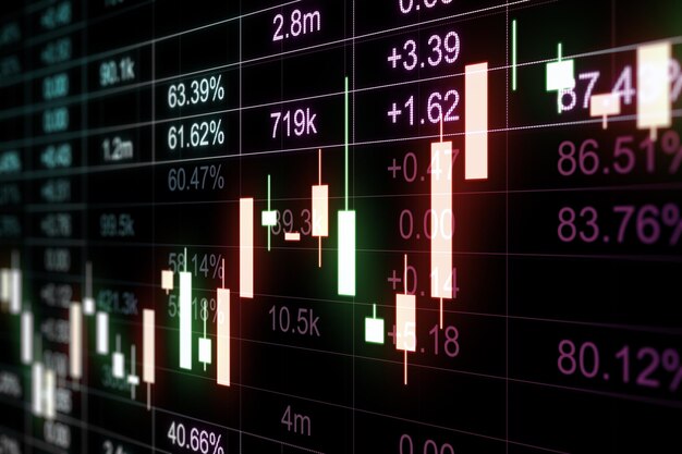 Données boursières et concept de croissance économique avec vue en perspective sur le chandelier numérique montant sur fond sombre avec rendu 3D de statistiques financières