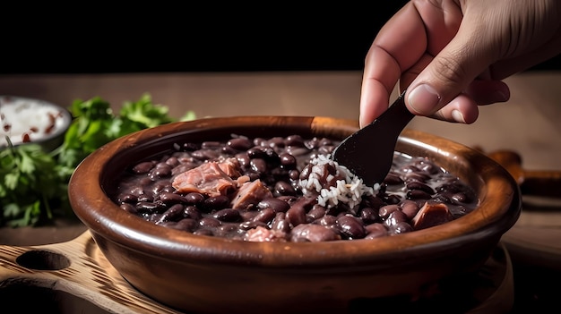 Donner une cuillerée de feijoada cuisine brésilienne traditionnelle avec du riz aux haricots noirs et du porc ai génératif