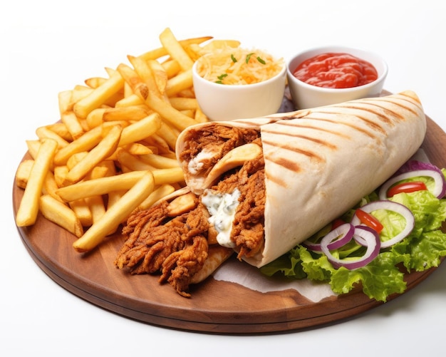 Donner de poulet dans le lavash avec des frites avec un fond blanc isolé