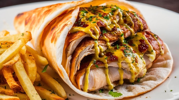 Donner de poulet dans le lavash avec des frites