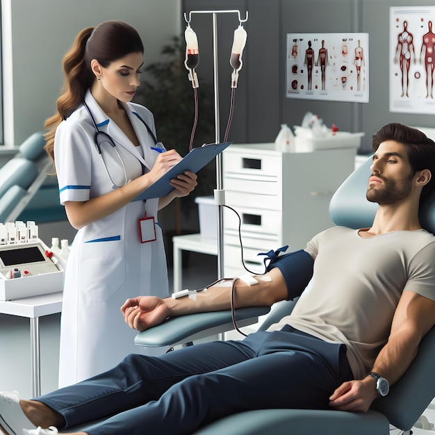 Le donneur est confortablement allongé dans une chaise de don et l'infirmière est le concept de la journée du donneur de sang