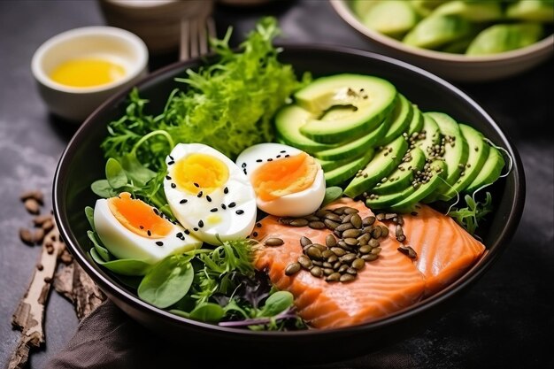 Photo donnez de l'énergie à votre journée avec un déjeuner rafraîchissant cétogène et paléo, du saumon salé, du poisson, de l'avocat et de l'huile.