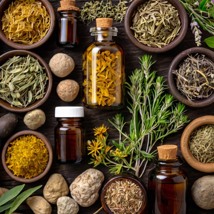 Photo des dons nourrissants de la nature, des médicaments à base de plantes, des teintures, des infusions et de l'homéopathie.