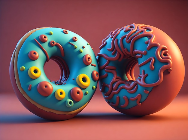 Donut Antropomorphic illustration de dessin animé mignon style 3D Ai généré