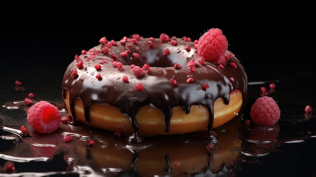 Un donut au chocolat avec une framboise sur le dessus