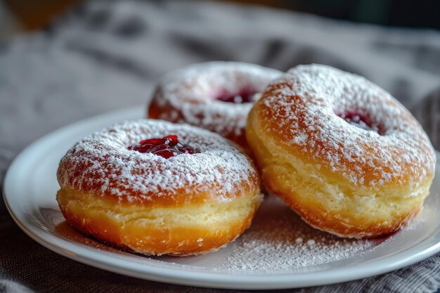 Photo donut berliner sur assiette blanche sufgania avec du sucre en poudre et de la confiture