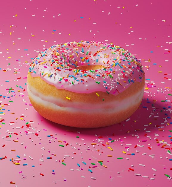 Un donut délicieux avec du glaçage rose et des éclaboussures colorées sur un fond rose assorti