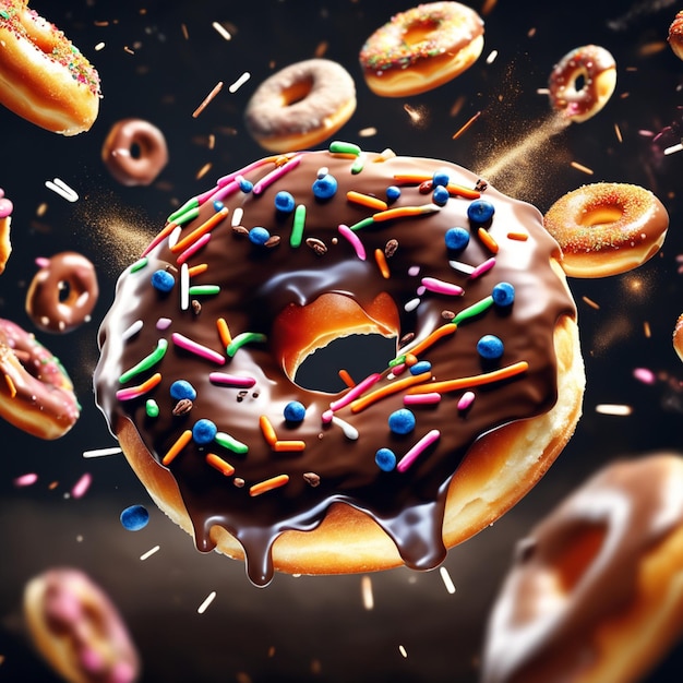 Le donut délicieux flottant est une combinaison parfaitement équilibrée de publicités de glaçage sucré à la pâte moelleuse