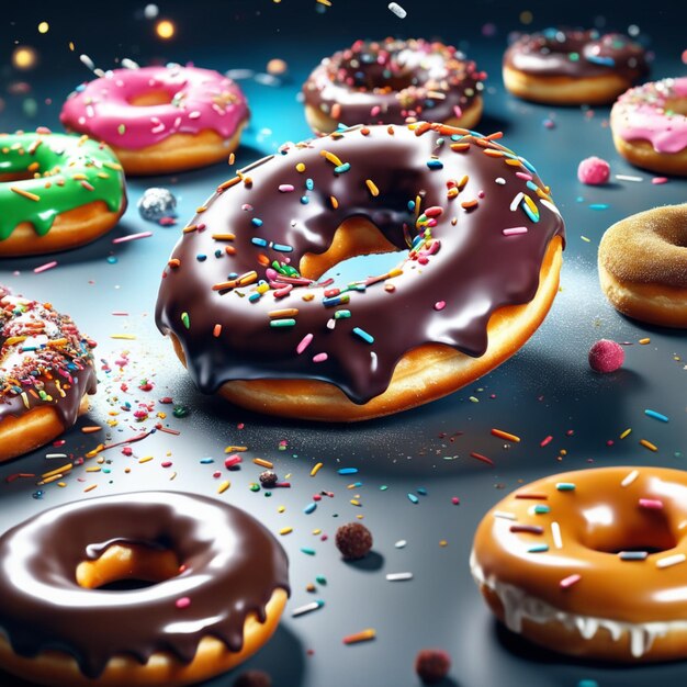 Le donut délicieux flottant est une combinaison parfaitement équilibrée de publicités de glaçage sucré à la pâte moelleuse