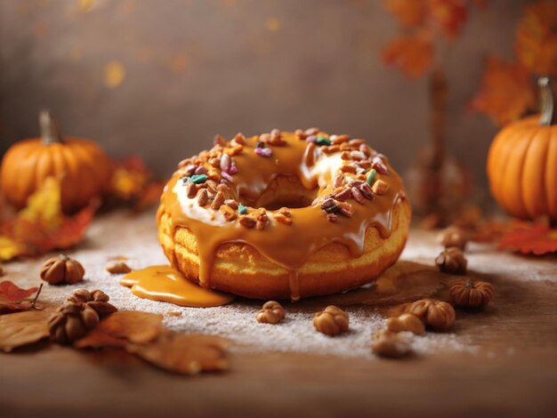 un donut avec des éclaboussures et des chips de chocolat sur une table.