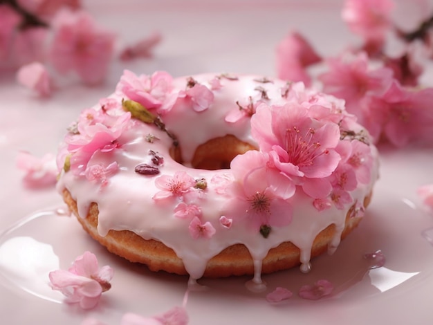 un donut avec des fleurs roses dessus et un donut à fleurs rose avec des fleures roses.