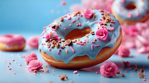 Photo un donut avec des fleurs roses et une fleur rose