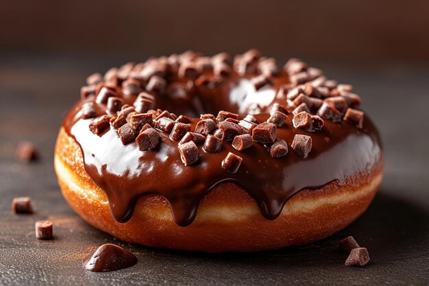 un donut fraîchement cuit avec un glaçage au chocolat brillant qui coule sur ses côtés