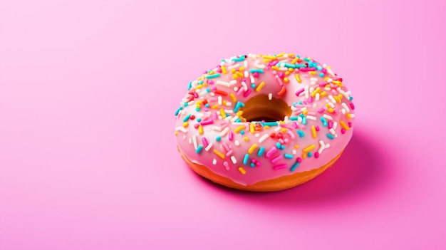 Un donut à la fraise sur un fond rose isolé